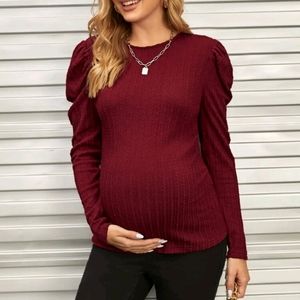 Maternity Burgundy Gigot Sleeve Cable Knit Lo g Sleeve Tee Size M